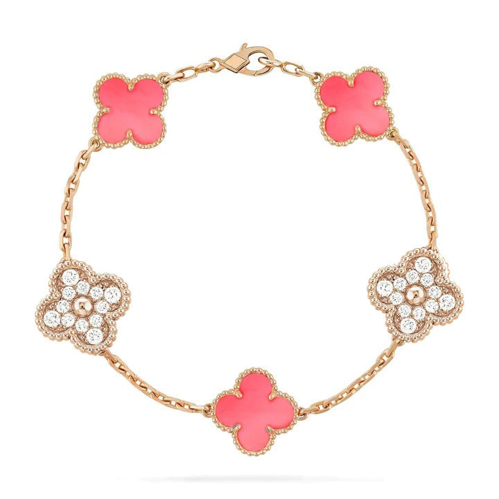 [AuraEcho]CLOVER 5 MOTIF DIAMOND PINK MOP PINK GOLD BRACELET