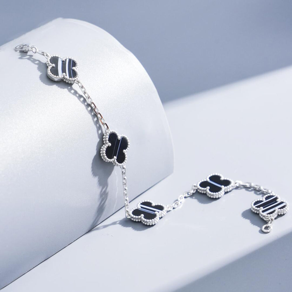 [AuraEcho]CLOVER 5 MOTIF VEINED ONYX BRACELET SILVER