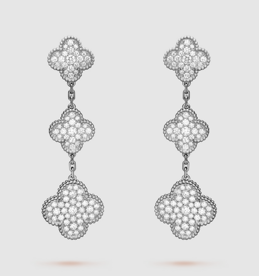 [AuraEcho]CLOVER 3 MOTIF DIAMOND SILVER DROP EARRINGS