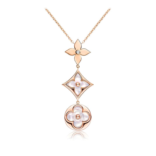 [AuraEcho]COLOR BLOSSOM LARIAT NECKLACE PINK GOLD WHITE MOTHER PEARL AND DIAMOND